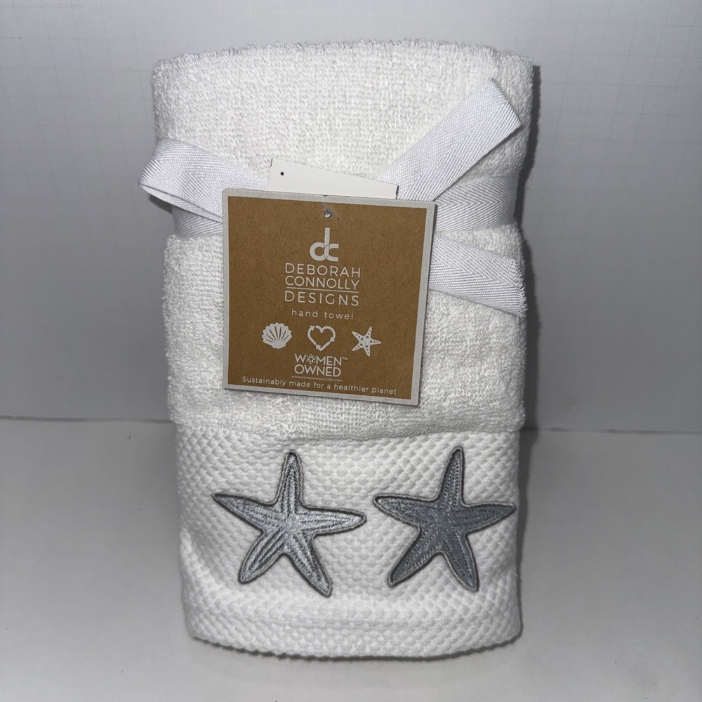 Deborah Connolly Silver Starfish Hand Towel 2pc Set Embroidered White